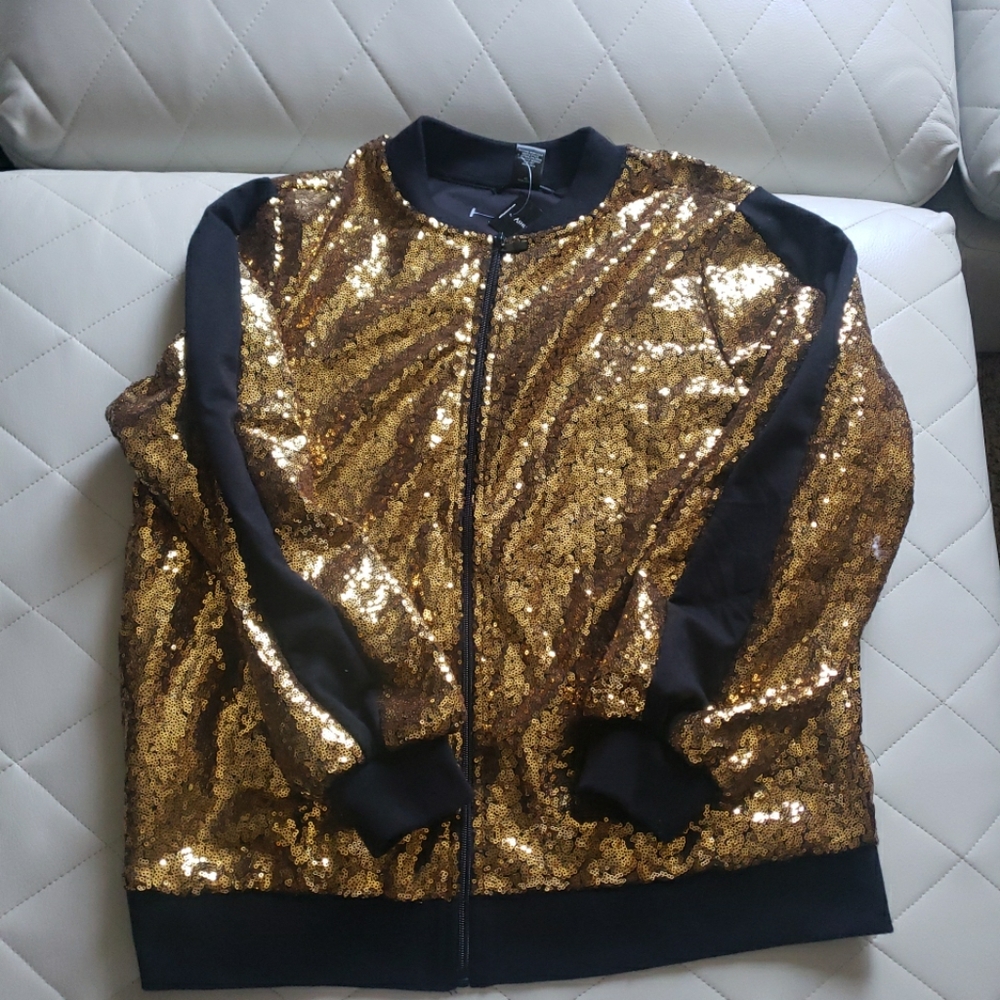 Women's Ashley Stewart Gold/Black Sequined Bomber Jacket Size 14/16